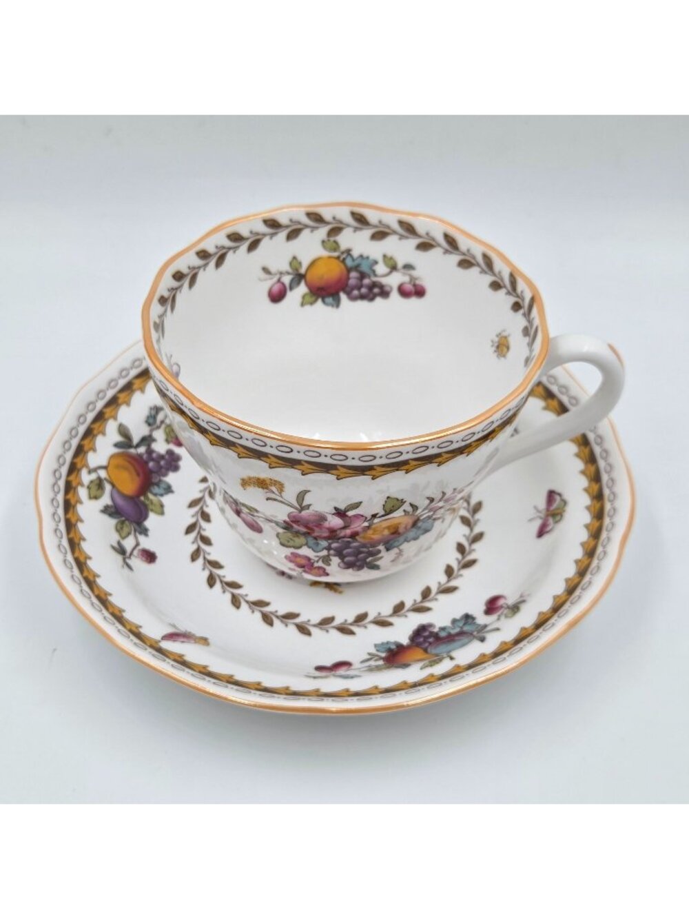 Spode Rockingham Set of 4 Footed Cup & Saucer Set Pink Flowers Geometric Trim
